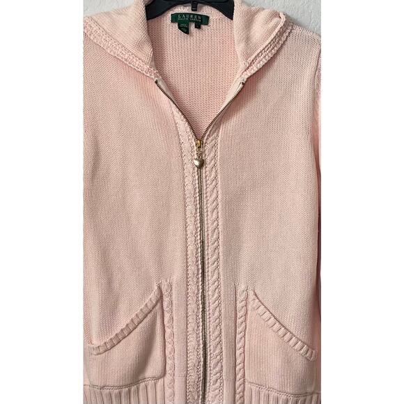 Vintage Ralph Lauren Women's Light Pink Cable Zip Up Hoodie Sweater Size Large - Picture 4 of 4
